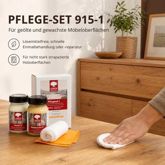 LEINOS Pflege-Set 915-1für geölte  und gewachste Möbeloberflächen je 0,1 Liter  | Lösemittelfreie, schnelle Einmalbehandlung oder -reperatur von nicht stark strapazierten Holzoberflächen
