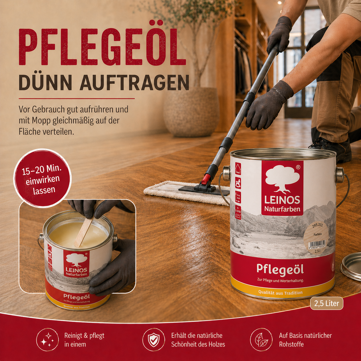 LEINOS 285 Pflegeöl 202 Weiß  0,75 Liter | Zur Behandlung aller geölten und gewachsten Flächen wie Holz, Kork und Linoleum im Innenbereich |