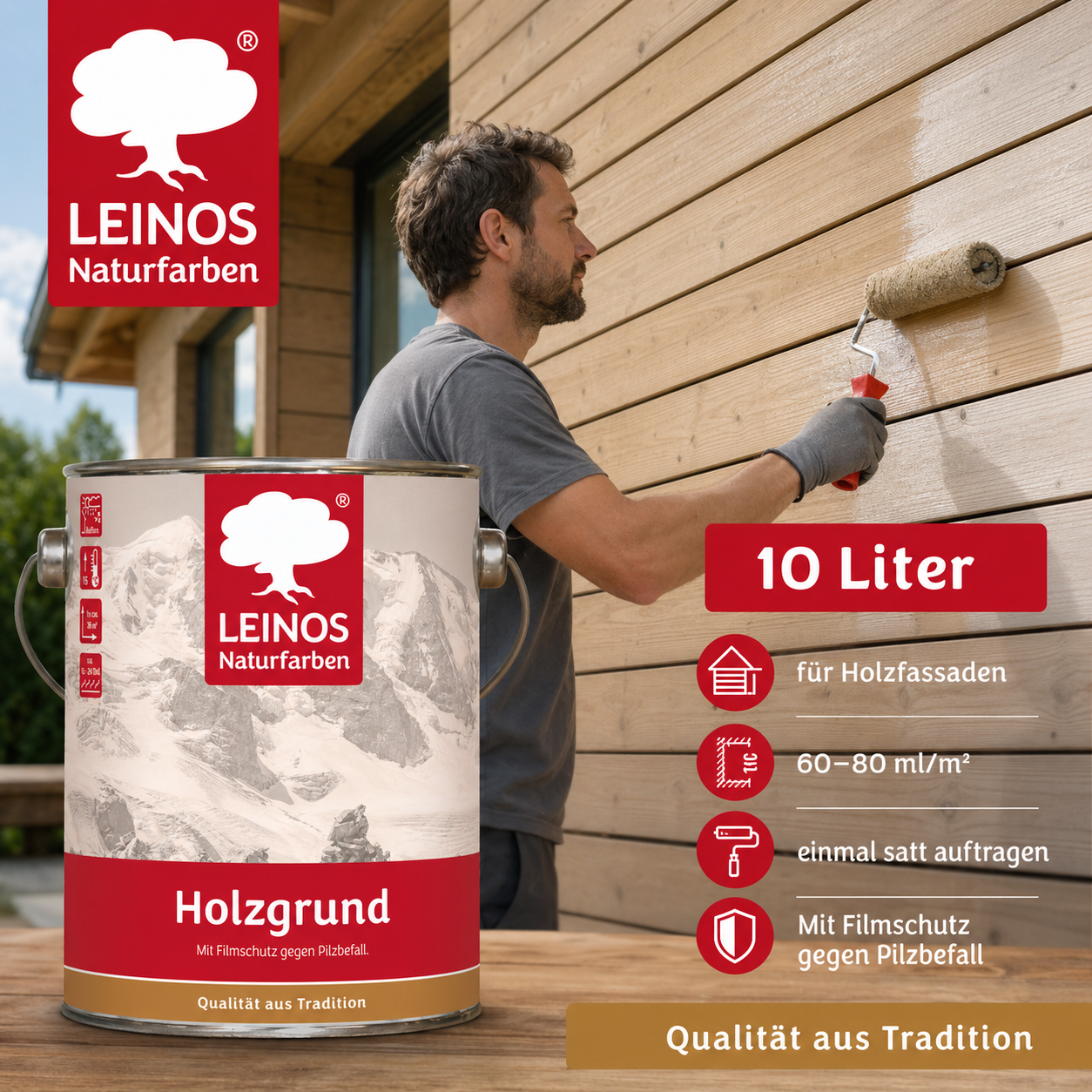 LEINOS 150 Holzgrund 10 l – offenporige Holzgrundierung für Lack- und Lasuranstriche außen, mit Filmschutz gegen Bläuebefall, tiefenwirksam, transparent-bräunlich, reicht bis ca. 144 m²