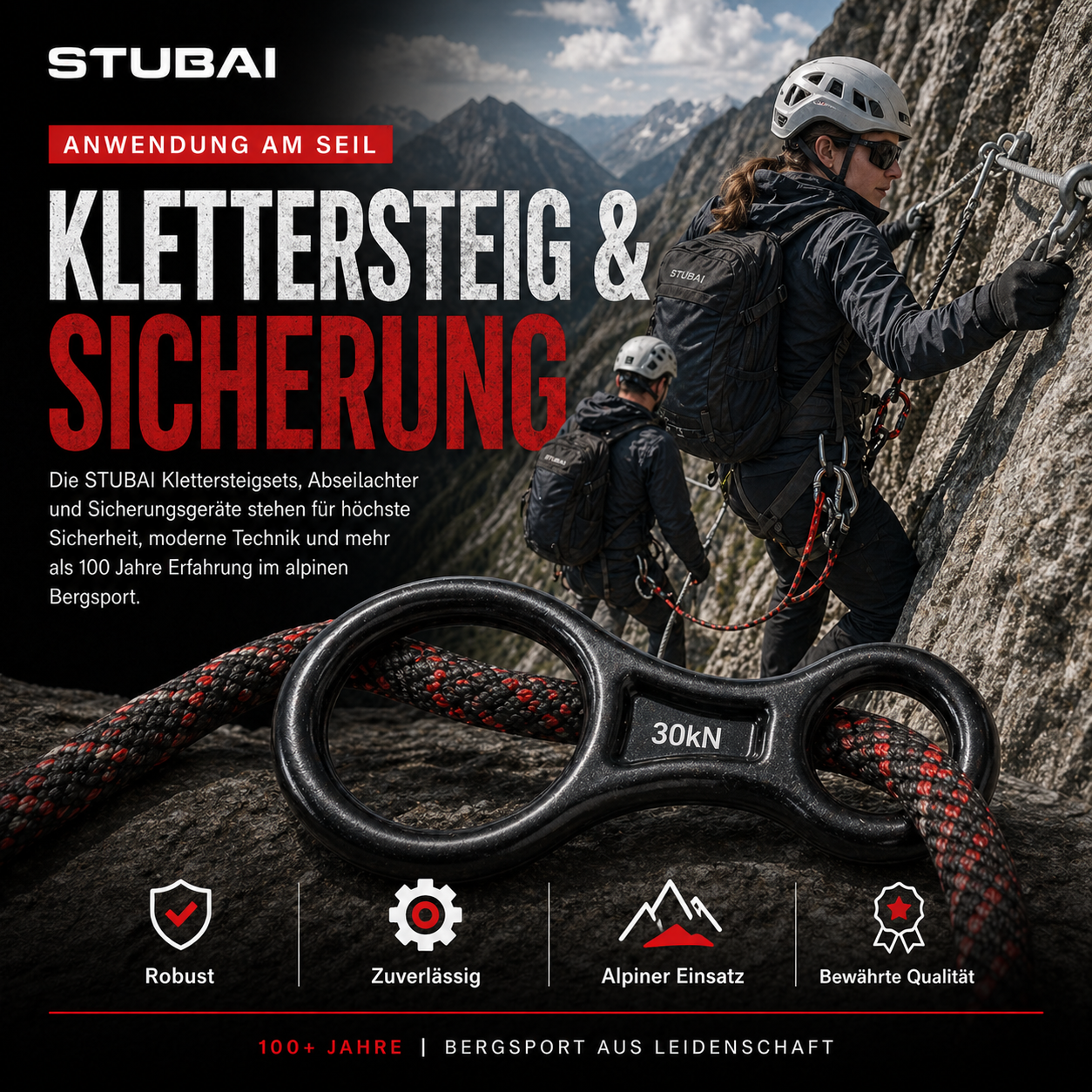 STUBAI Abseilachter groß, 109 g, 30 kN Bruchlast, EN 15151-2 zertifiziert – Sicherungsgerät aus geschmiedetem Aluminium, rot eloxiert – geeignet für Klettern, Bergsteigen, Canyoning, Höhenarbeit
