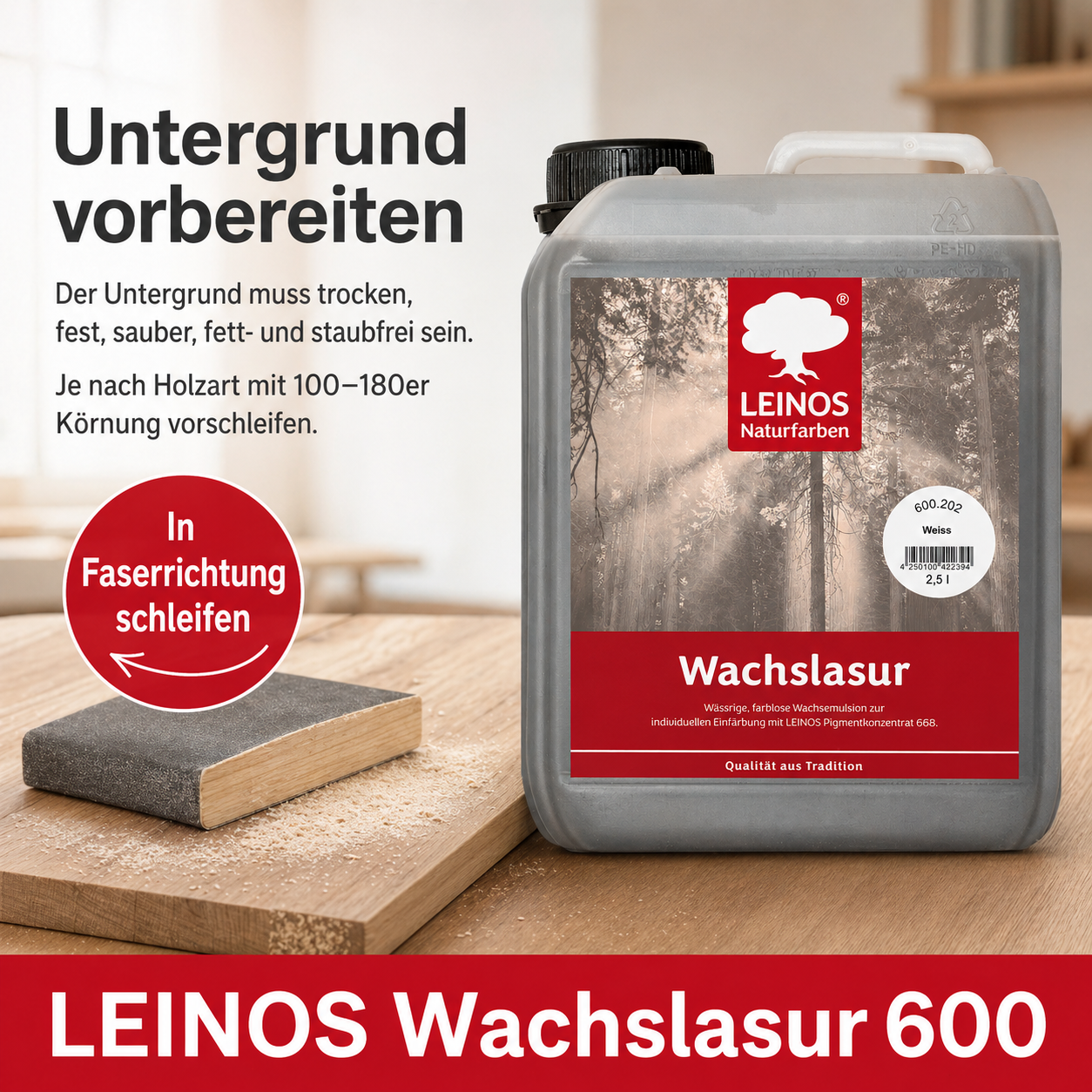 Leinos 600 Wachslasur für Innen 202 Weiß 2,5 l – wässrige Holzlasur für Möbel, Holzdecken, Wandverkleidungen und Kinderspielzeug im Innenbereich, weiß
