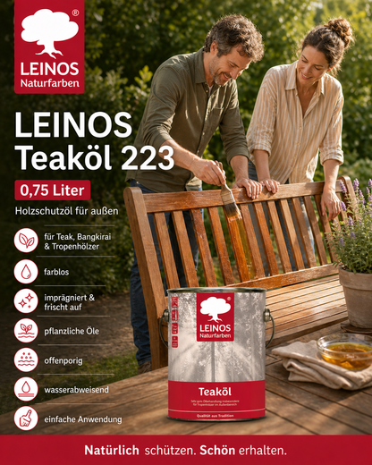 LEINOS Teaköl 223 – 0,75 Liter Holzschutzöl für außen, farblos, für Teak, Bangkirai & Tropenhölzer, imprägniert & frischt auf, pflanzliche Öle, offenporig, wasserabweisend, einfache Anwendung