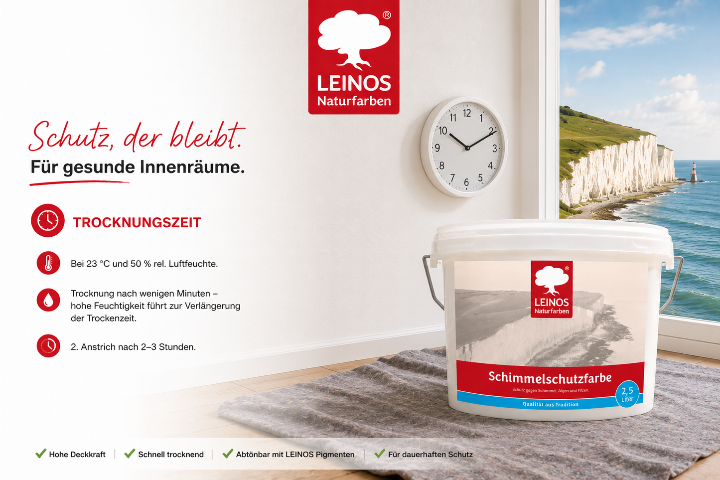 LEINOS 695 Schimmelschutzfarbe 2,5 l für Innenräume, gegen Schimmel, Algen und Pilze, biozidfrei, lösemittelfrei, diffusionsoffen, natürliche Wirkung, hohe Deckkraft, weiß, gebrauchsfertig Innenwände!