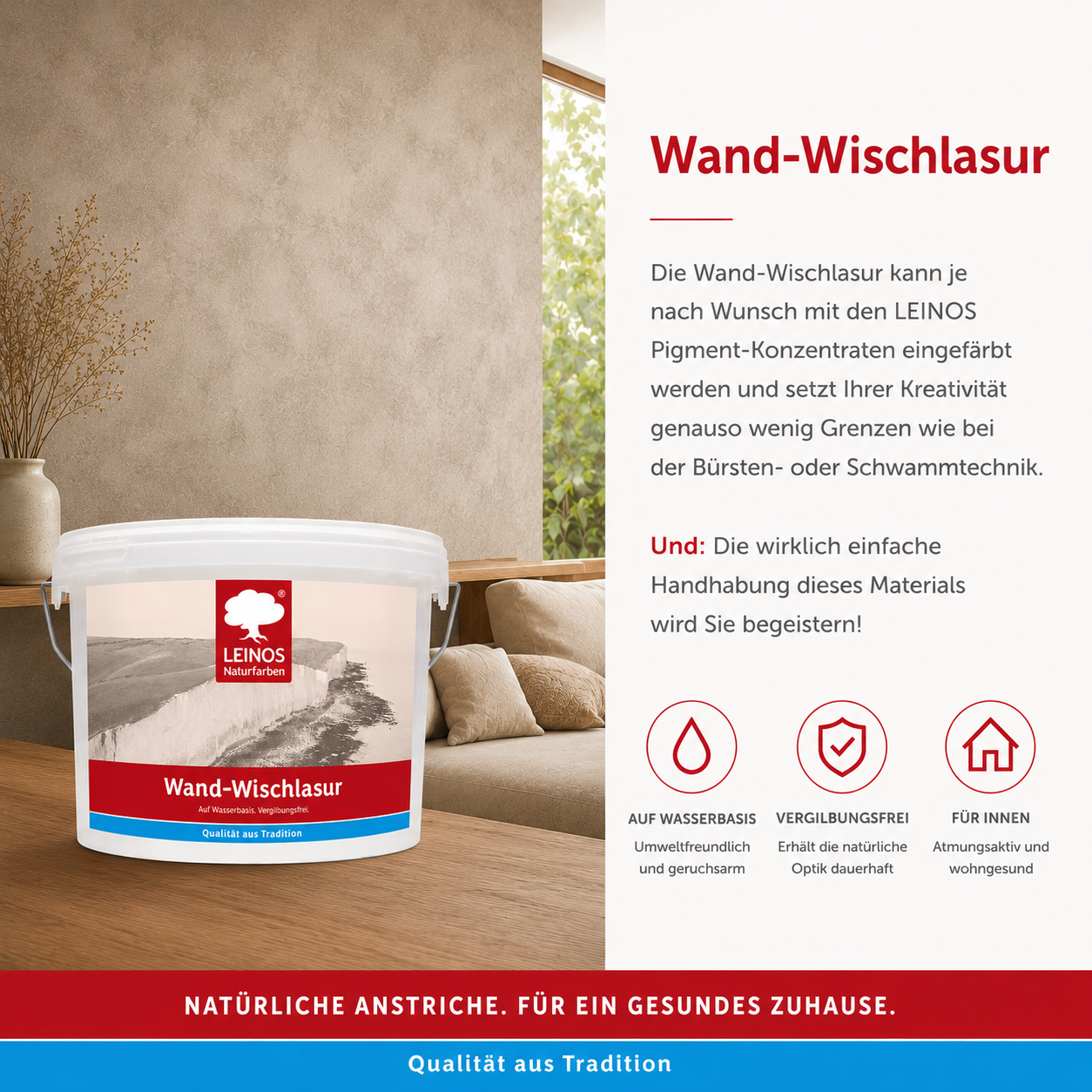 LEINOS Wand-Wischlasur 2,5 Liter für glatte Wände, kreative Lasurtechniken und sanfte Farbverläufe, verarbeitungsfertig, individuell abtönbar, atmungsaktiv, leicht aufzutragen innen für große Flächen!