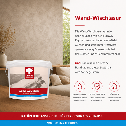 LEINOS Wand-Wischlasur 2,5 Liter für glatte Wände, kreative Lasurtechniken und sanfte Farbverläufe, verarbeitungsfertig, individuell abtönbar, atmungsaktiv, leicht aufzutragen innen für große Flächen!