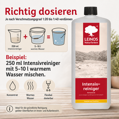 LEINOS Intensivreiniger 1Liter – kraftvoller Holzreiniger für innen & außen – entfernt Schmutz, Algen & Pilze – für Terrassen, Zäune, Stein & Holz – hochkonzentriert & ergiebig
