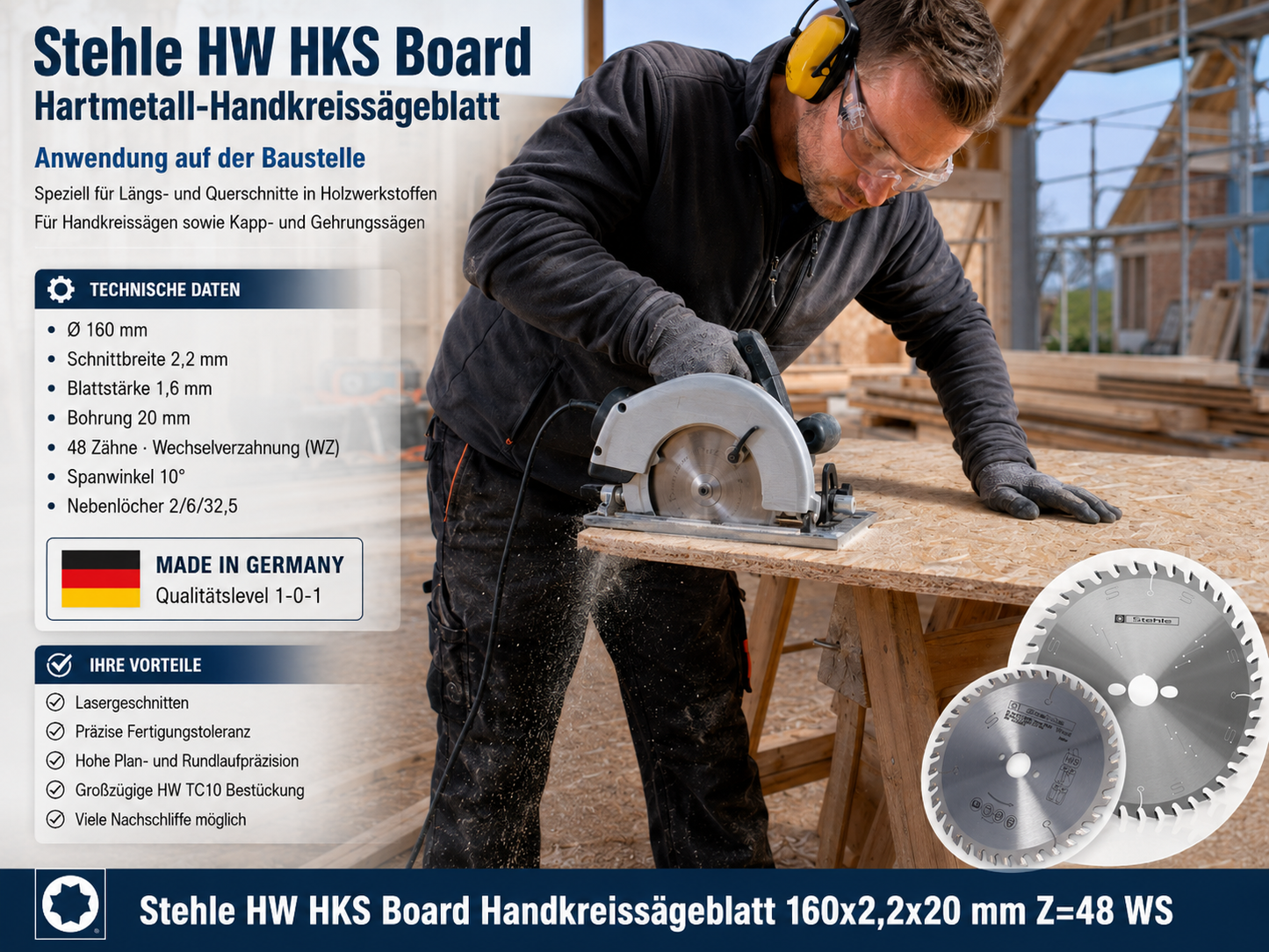 Stehle HW HKS Board Handkreissägeblatt 160x2,2x20mm Z=48 WS | Wechselverzahnung ist speziell für Längs- und Querschnitte | Großzügige HW TC10 Bestückung für viele Nachschliffe