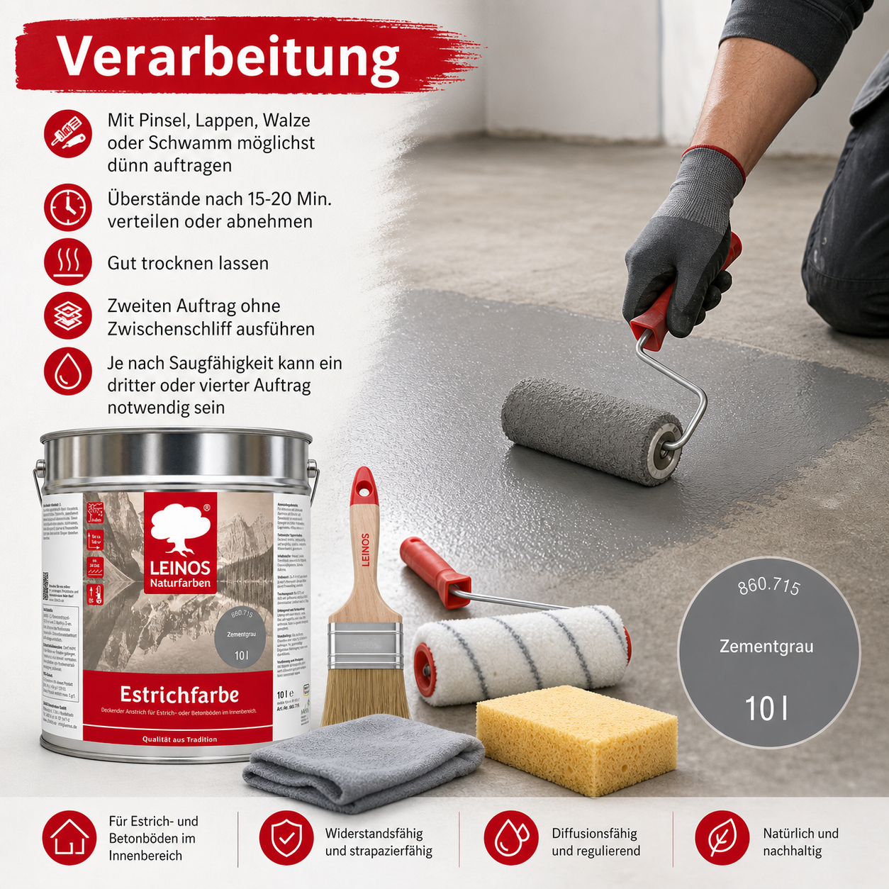 LEINOS 860 Estrichfarbe für Innen, 10l, Zementgrau