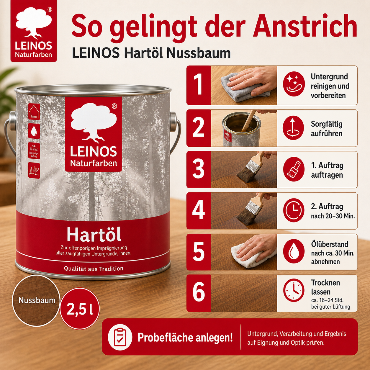 LEINOS Holzöl 2,5 l | Hartöl Nussbaum für Tische Möbel Arbeitsplatten | Teak Eiche Möbelöl für effektive Versiegelung und langanhaltenden Schutz im Innenbereich