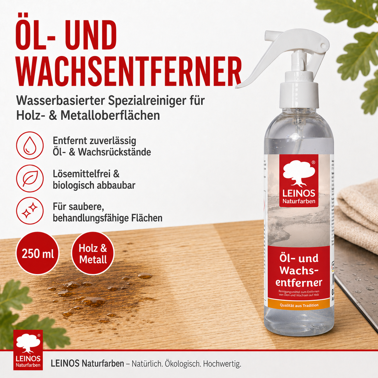 LEINOS Öl- und Wachs-Entferner 948 – Wasserbasiertes, Alkalisches Reinigungsmittel zur Effektiven Entfernung von Ölen & Wachsen auf Holz- und Metalloberflächen (0,25 L)