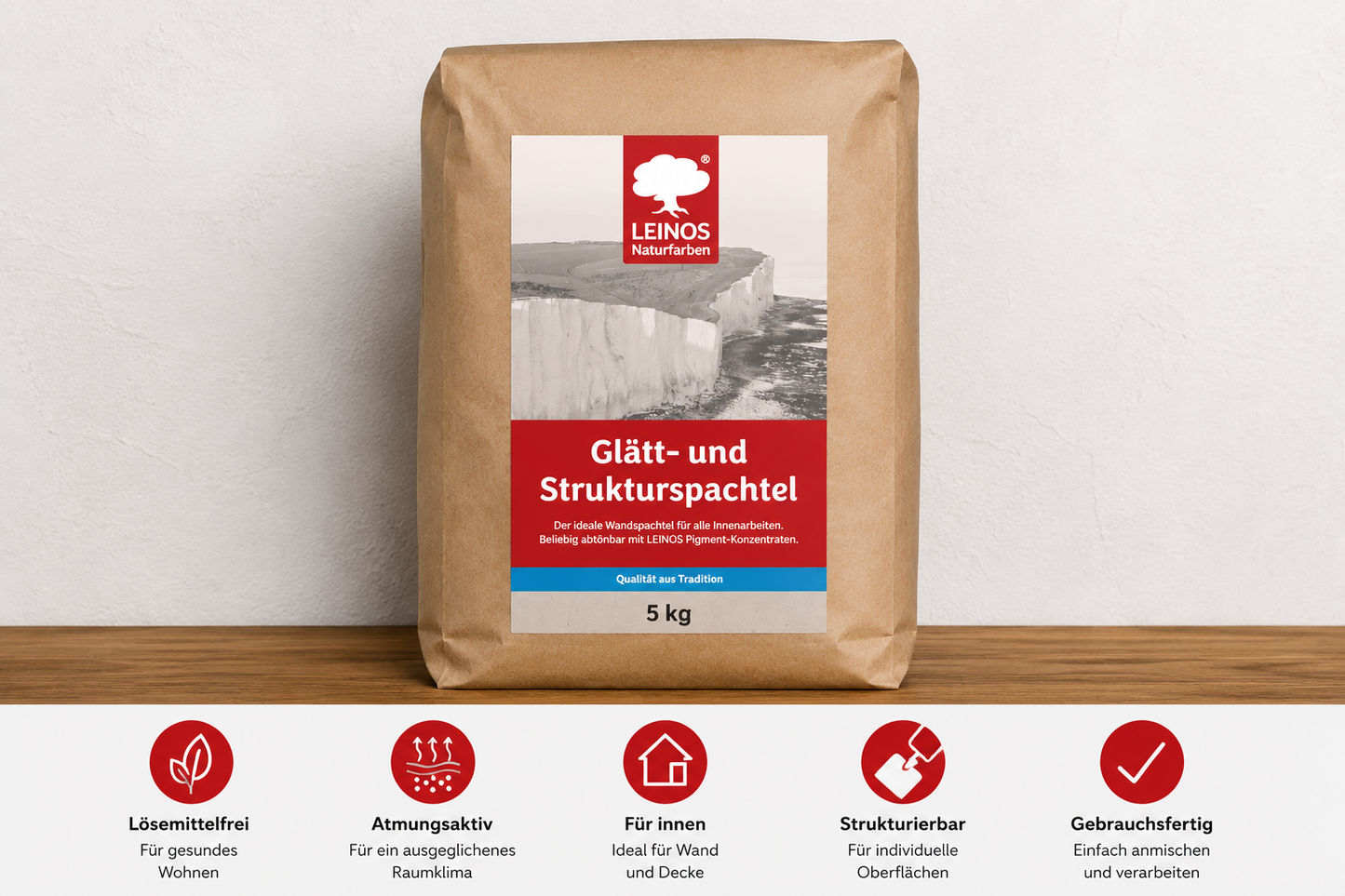 LEINOS Glätt- und Strukturspachtel 684, weiß – Feine Spachtelmasse für Wand & Decke innen, lösemittelfrei, atmungsaktiv, gebrauchsfertig, für Lehmputz, Kalk, Gips, Altanstrich, strukturierbar – 1 kg