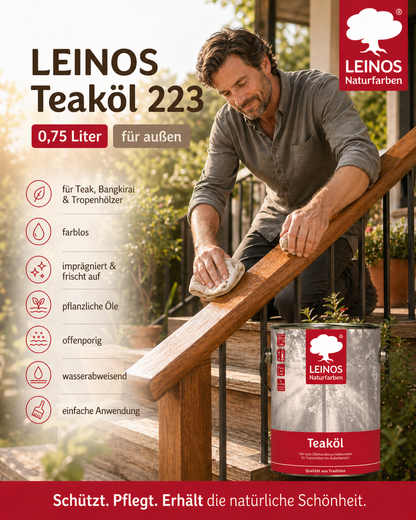 LEINOS Teaköl 223 – 0,75 Liter Holzschutzöl für außen, farblos, für Teak, Bangkirai & Tropenhölzer, imprägniert & frischt auf, pflanzliche Öle, offenporig, wasserabweisend, einfache Anwendung