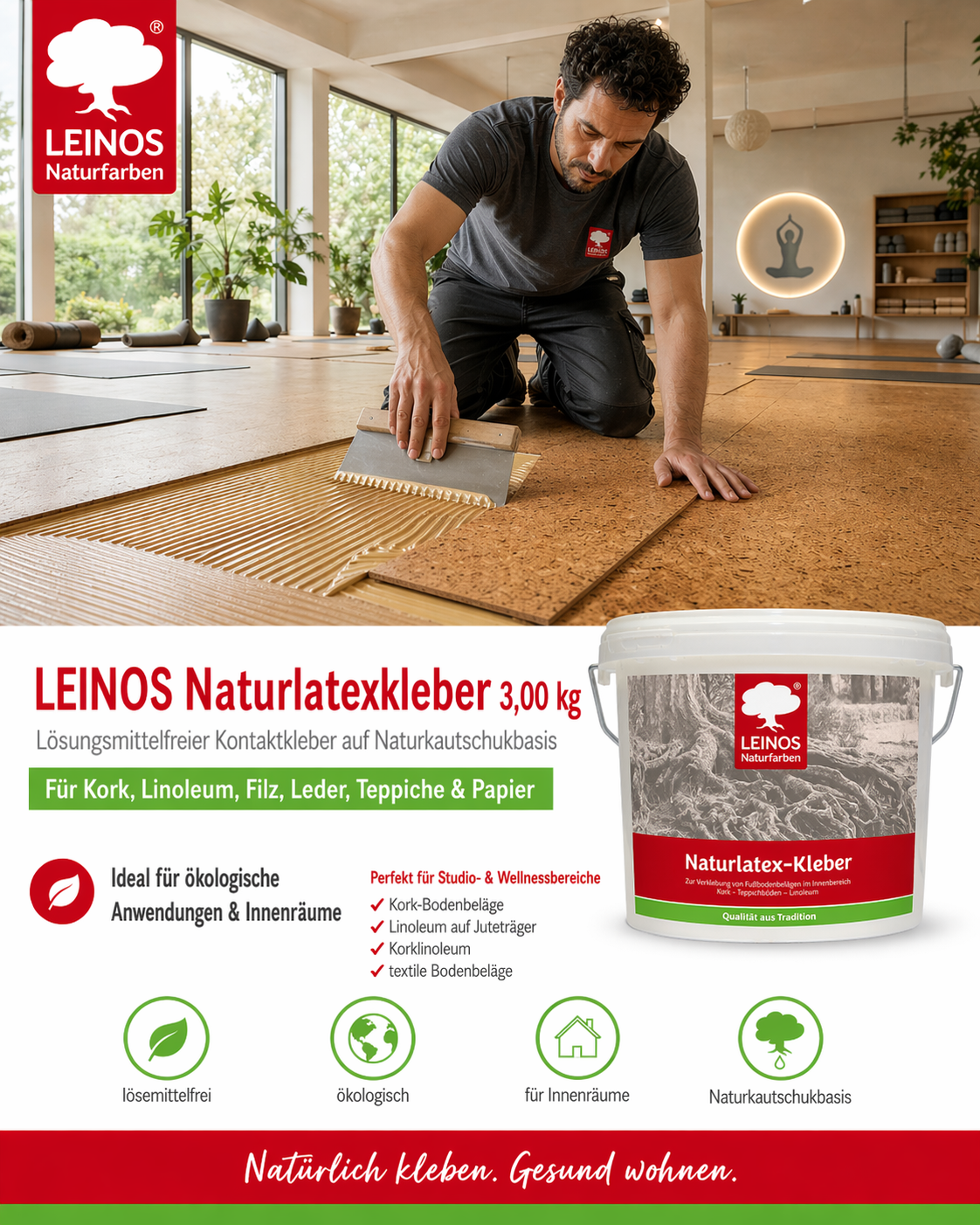 LEINOS Naturlatexkleber 10,00 kg – lösungsmittelfreier Kontaktkleber auf Naturkautschukbasis – für Teppiche, Kork, Leder, Filz, Linoleum & Papier – ideal für ökologische Anwendungen