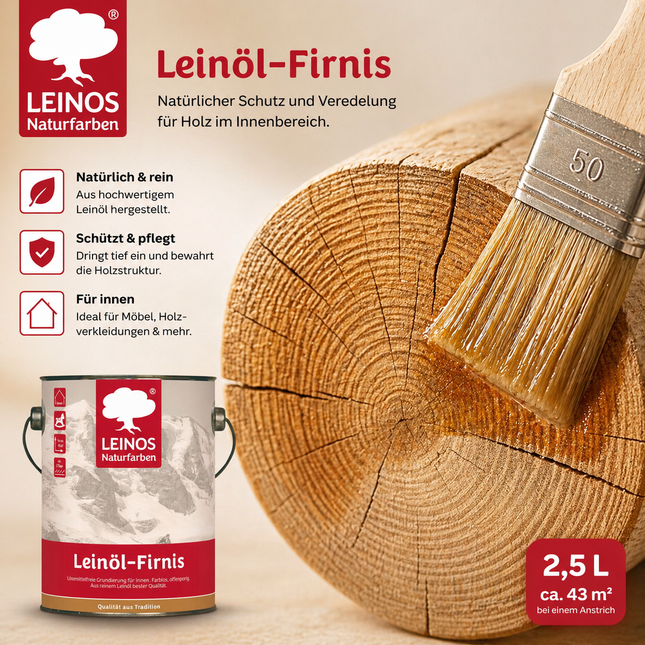 LEINOS Leinöl-Firnis 230 – 2,5 L offenporige Grundierung für stark saugende Untergründe innen wie Hirnholzparkett, Kork, Terracotta – ohne Filmschutz für außen – lösemittelfrei