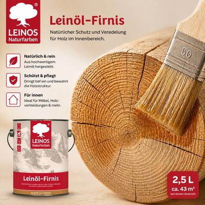 LEINOS Leinöl-Firnis 230 – 2,5 L offenporige Grundierung für stark saugende Untergründe innen wie Hirnholzparkett, Kork, Terracotta – ohne Filmschutz für außen – lösemittelfrei