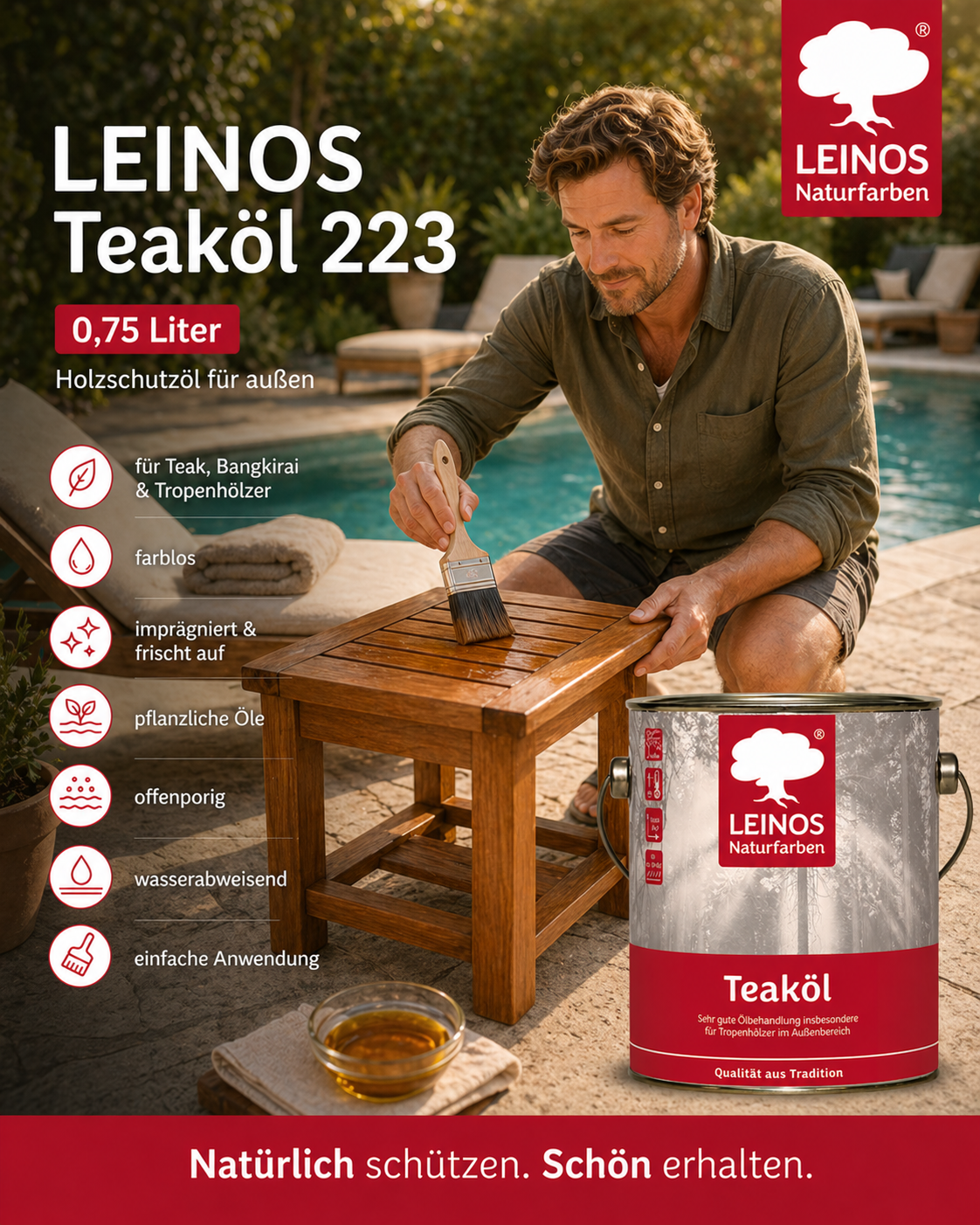 LEINOS Teaköl 223 – 0,75 Liter Holzschutzöl für außen, farblos, für Teak, Bangkirai & Tropenhölzer, imprägniert & frischt auf, pflanzliche Öle, offenporig, wasserabweisend, einfache Anwendung