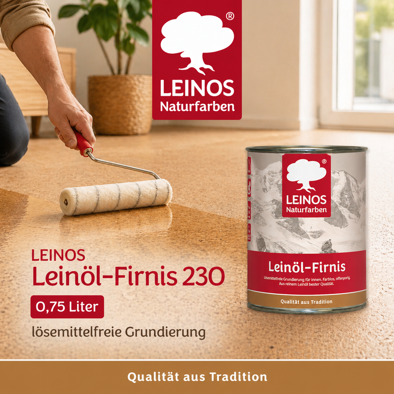 LEINOS Leinöl-Firnis 230 – 0,75 L für innen und außen – offenporige Grundierung für stark saugende Untergründe wie Hirnholzparkett, Kork, Terracotta – lösungsmittelfrei – ohne Filmschutz außen