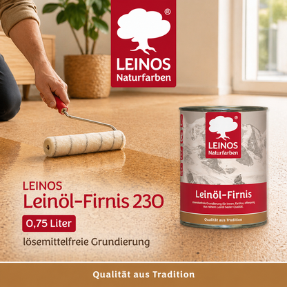 LEINOS Leinöl-Firnis 230 – 0,75 L für innen und außen – offenporige Grundierung für stark saugende Untergründe wie Hirnholzparkett, Kork, Terracotta – lösungsmittelfrei – ohne Filmschutz außen