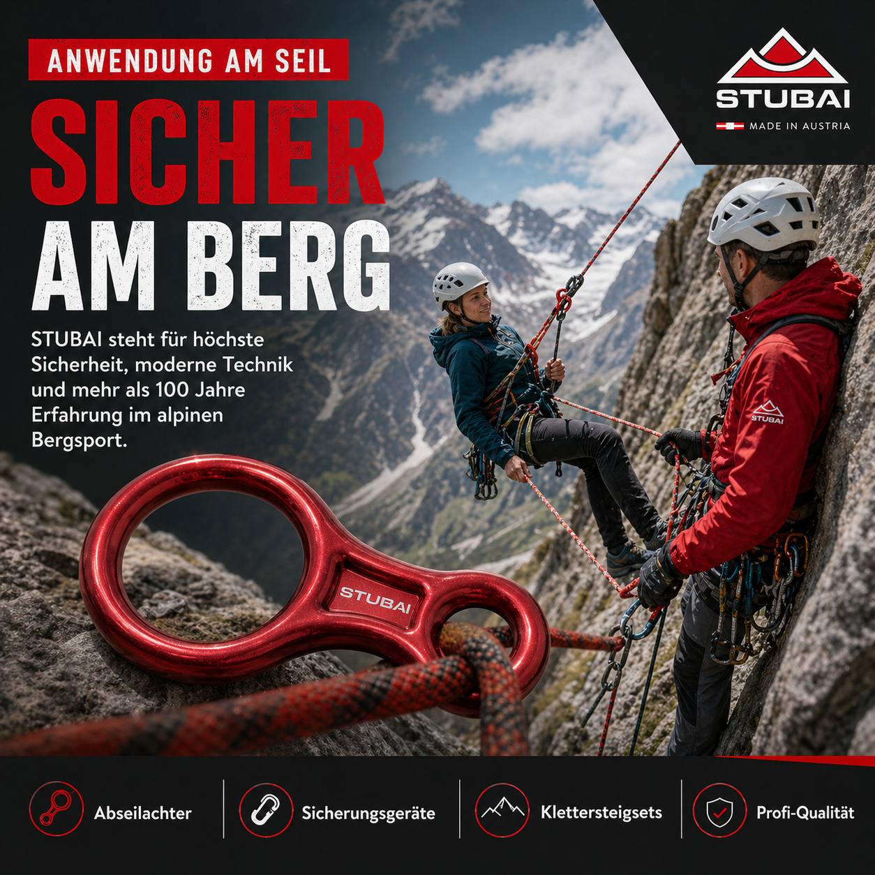 STUBAI Abseilachter groß – Sicherungsgerät aus Aluminium (109 g, 30 kN) – für Klettern, Bergsteigen, Canyoning, Höhenarbeit & Rettung – EN 15151-2 zertifiziert – rot eloxier