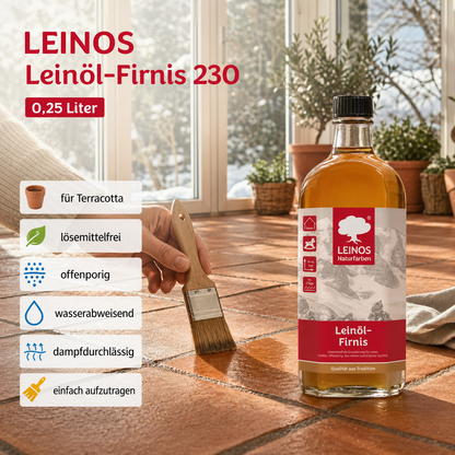 LEINOS Leinöl-Firnis 230 – 0,25 L für innen und außen – offenporige Grundierung für stark saugende Untergründe wie Hirnholzparkett, Kork, Terracotta – lösemittelfrei – ohne Filmschutz außen