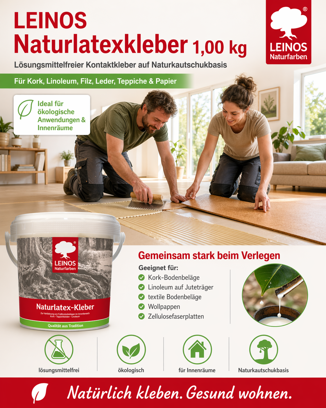 LEINOS Naturlatexkleber 1,00 kg – lösungsmittelfreier Kontaktkleber auf Naturkautschukbasis – für Teppiche, Kork, Leder, Filz, Linoleum & Papier – ideal für ökologische Anwendungen