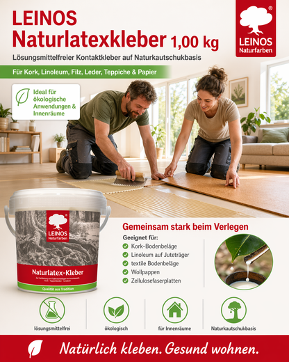 LEINOS Naturlatexkleber 1,00 kg – lösungsmittelfreier Kontaktkleber auf Naturkautschukbasis – für Teppiche, Kork, Leder, Filz, Linoleum & Papier – ideal für ökologische Anwendungen