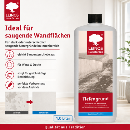 LEINOS Tiefengrund 620/ 1  Liter  – natürliche Grundierung für stark saugende Untergründe | Transparent, hoch dampfdurchlässig | Vorbereitung für Wandfarbe & Putz | 1L reicht für bis zu 25 m²