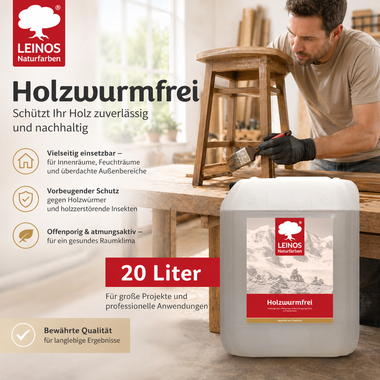 LEINOS Holzwurmfrei 130 | 20 Liter  Holzschutz gegen Insekten- & Pilzbefall | Für Innen, überdachten Außenbereich & Feuchträume | Holzverfestiger mit physikalisch-mechanischer Wirkung
