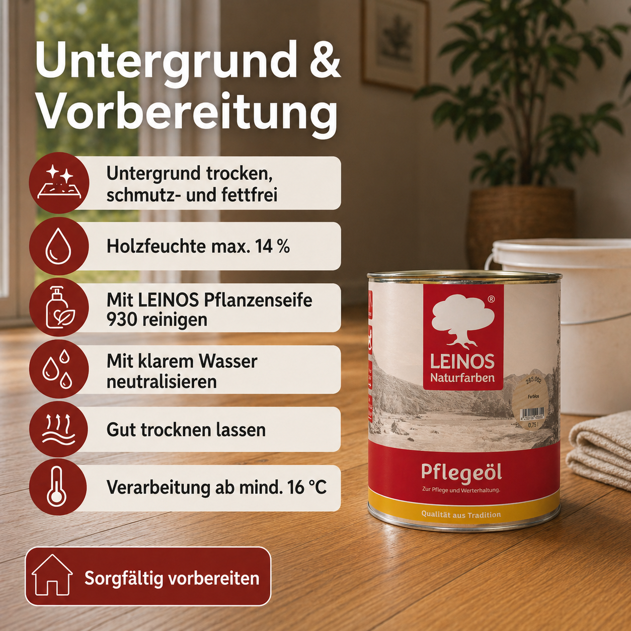 LEINOS 285 Pflegeöl 002 farblos  0,75 Liter | Zur Behandlung aller geölten und gewachsten Flächen wie Holz, Kork und Linoleum im Innenbereich |