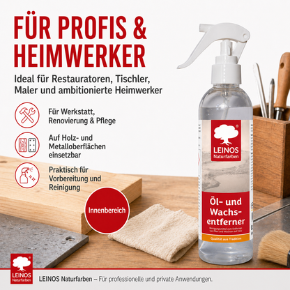 LEINOS Öl- und Wachs-Entferner 948 – Wasserbasiertes, Alkalisches Reinigungsmittel zur Effektiven Entfernung von Ölen & Wachsen auf Holz- und Metalloberflächen (0,25 L)