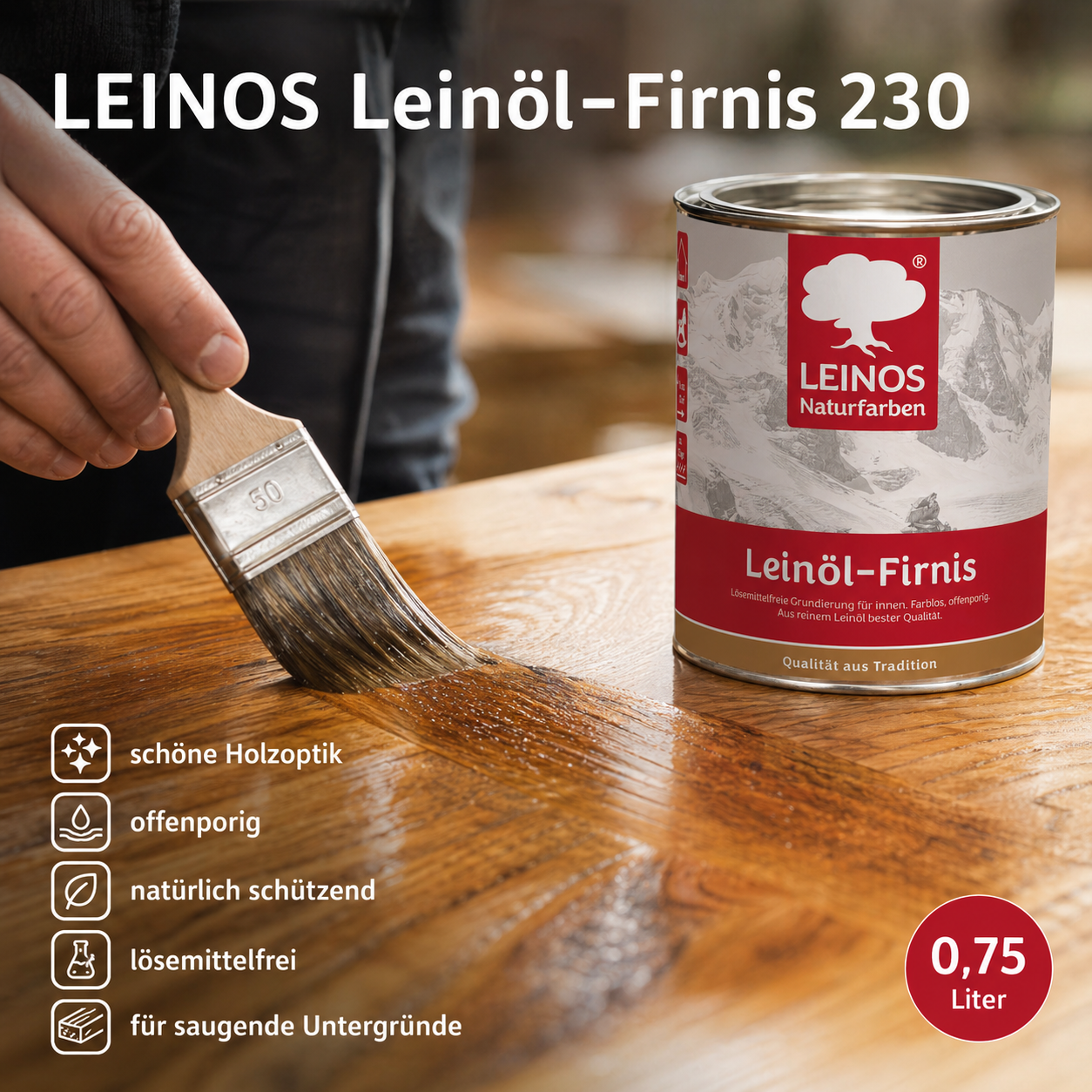 LEINOS Leinöl-Firnis 230 – 0,75 L für innen und außen – offenporige Grundierung für stark saugende Untergründe wie Hirnholzparkett, Kork, Terracotta – lösungsmittelfrei – ohne Filmschutz außen
