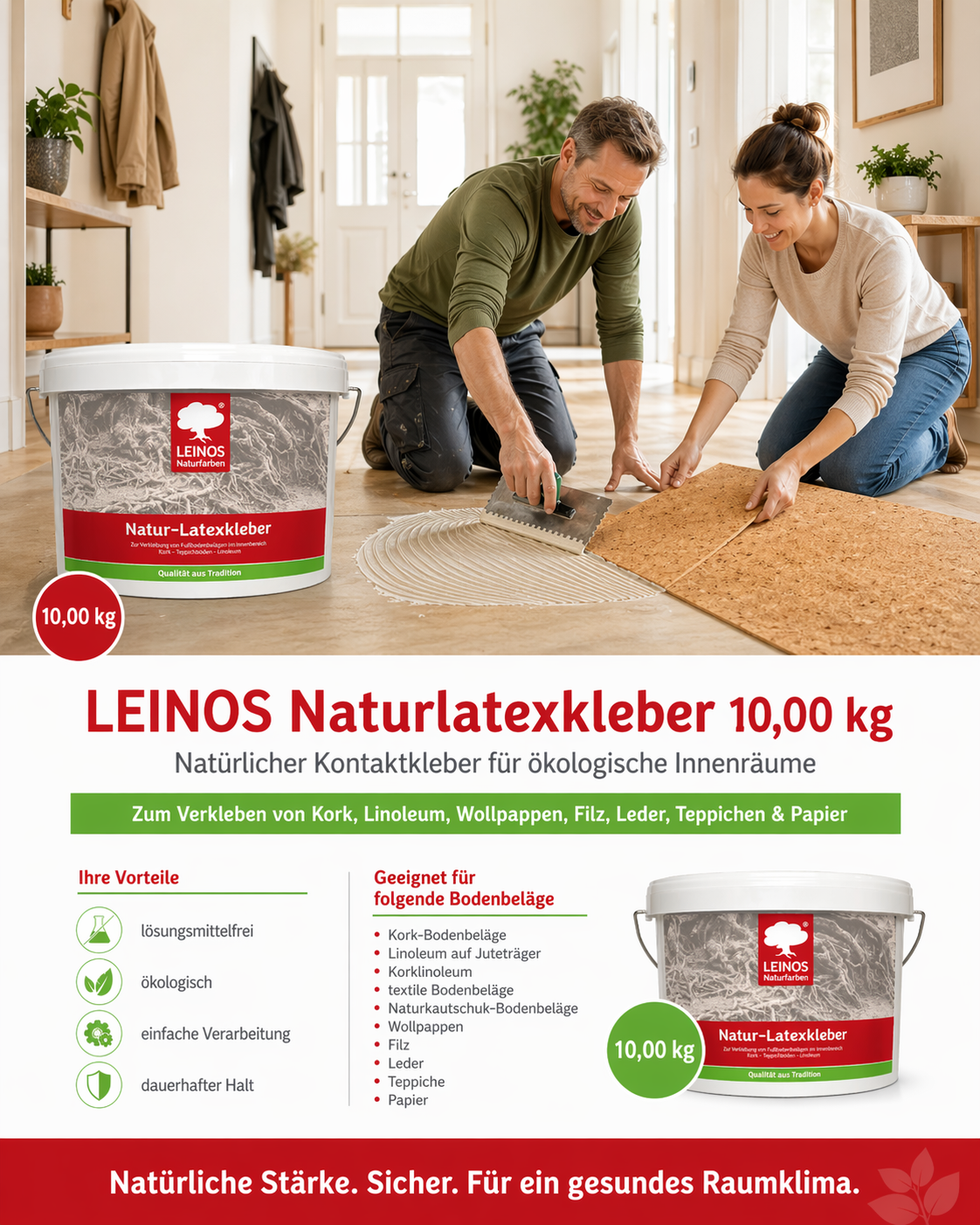 LEINOS Naturlatexkleber 3,00 kg – lösungsmittelfreier Kontaktkleber auf Naturkautschukbasis – für Teppiche, Kork, Leder, Filz, Linoleum & Papier – ideal für ökologische Anwendungen