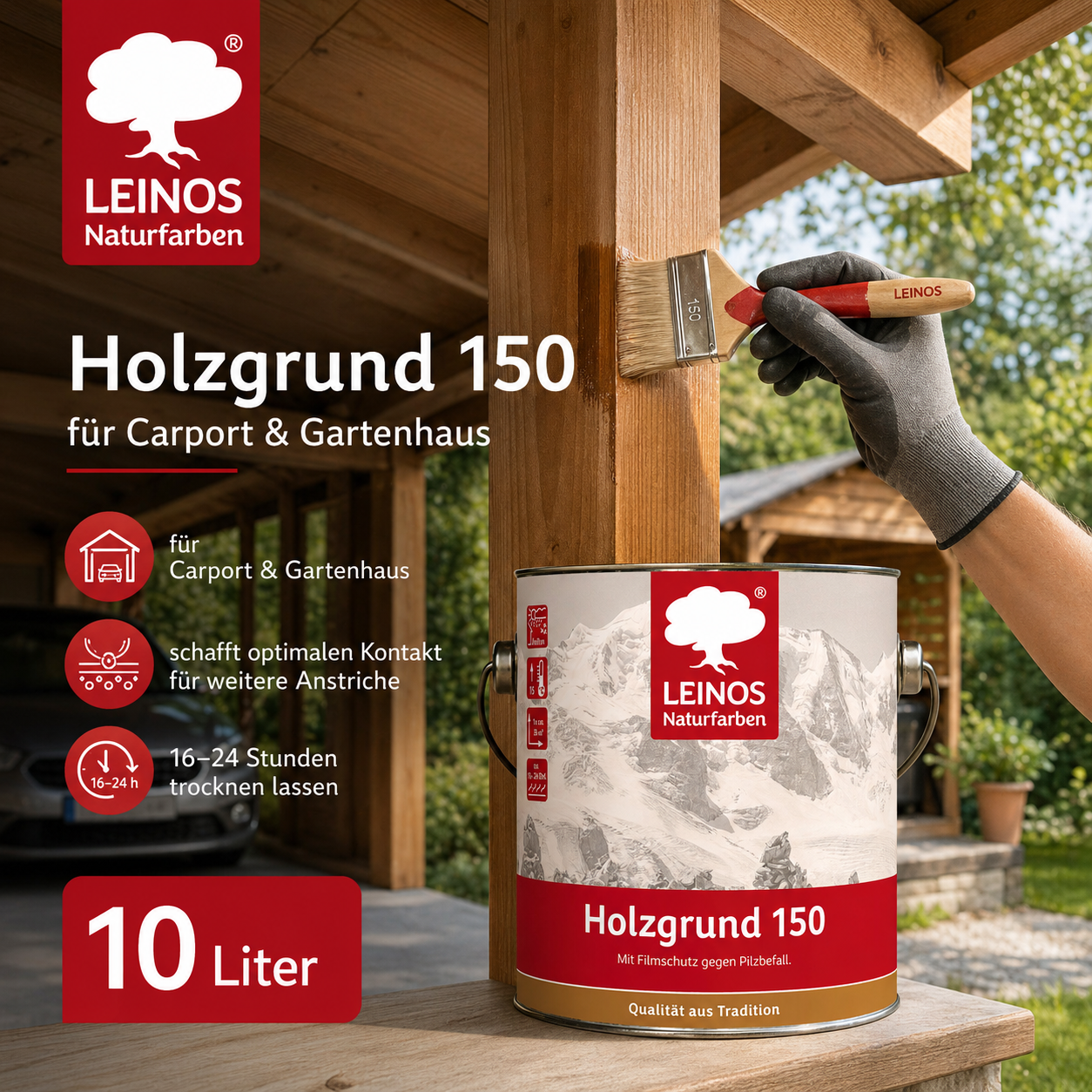 LEINOS 150 Holzgrund 10 l – offenporige Holzgrundierung für Lack- und Lasuranstriche außen, mit Filmschutz gegen Bläuebefall, tiefenwirksam, transparent-bräunlich, reicht bis ca. 144 m²