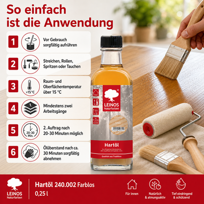 LEINOS Holzöl 250 ml | Hartöl Farblos für Tische Möbel Arbeitsplatten | Teak Eiche Möbelöl für effektive Versiegelung und langanhaltenden Schutz im Innenbereich