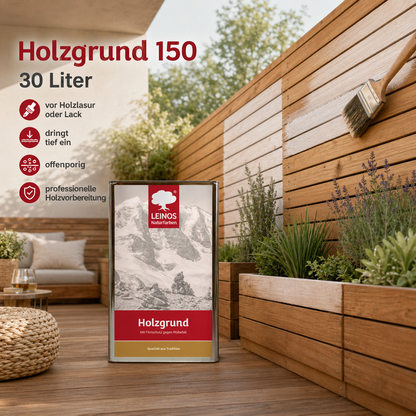 LEINOS 150 Holzgrund 30 l – offenporige Holzgrundierung für Lack- und Lasuranstriche außen, mit Filmschutz gegen Bläuebefall, tiefenwirksam, transparent-bräunlich, reicht bis ca. 144 m²