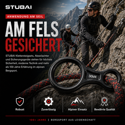 STUBAI Abseilachter groß, 109 g, 30 kN Bruchlast, EN 15151-2 zertifiziert – Sicherungsgerät aus geschmiedetem Aluminium, rot eloxiert – geeignet für Klettern, Bergsteigen, Canyoning, Höhenarbeit