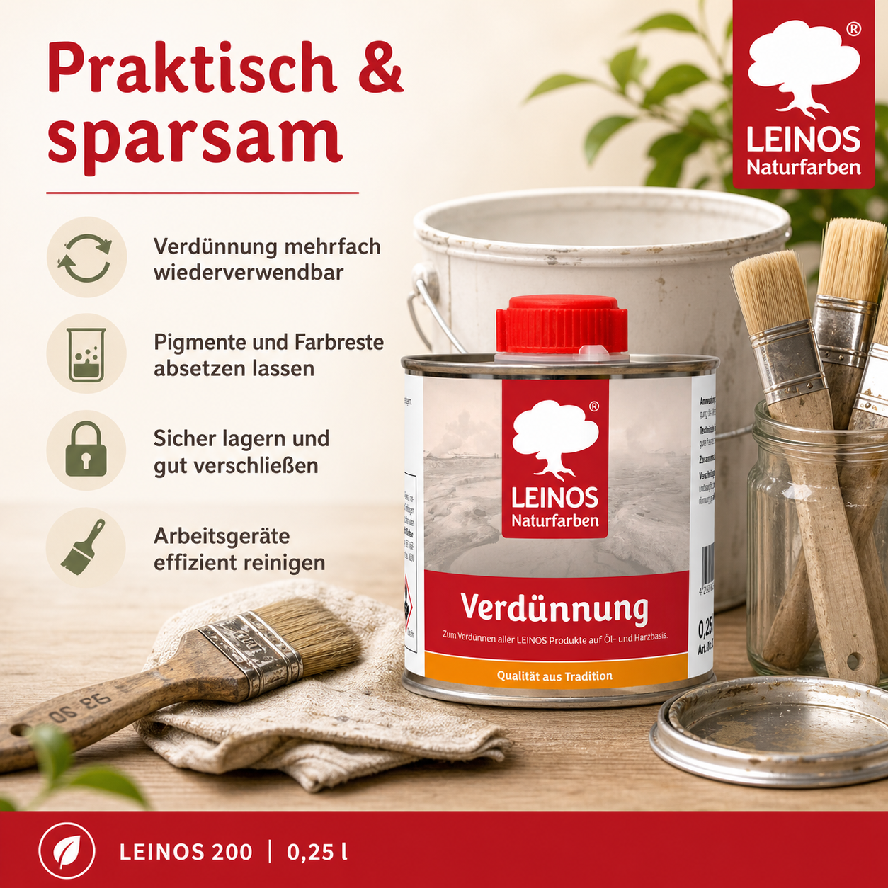 LEINOS 200 Verdünnung 0,25 Liter | Zum Verdünnen aller öligen Produkte sowie zur Reinigung der Arbeitsgeräte. Auch als Fleckentferner geeignet.