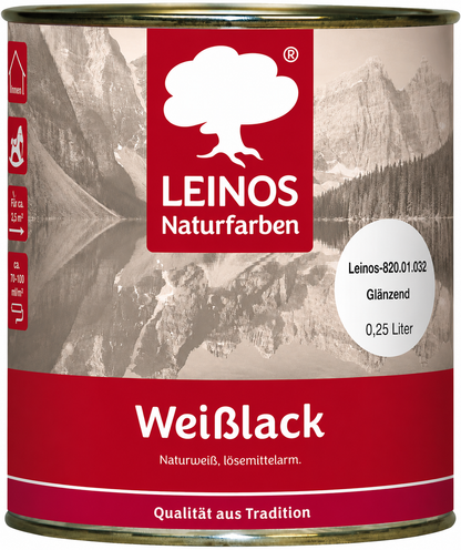LEINOS 820 Weißlack Glänzend | 0,25 L Innen & Außen | Wohngesunder Naturharz-Öl Lack, wasserfest & langlebig | ca. 2 m² Reichweite | Für kleine Flächen, Möbelstücke & Ausbesserungen