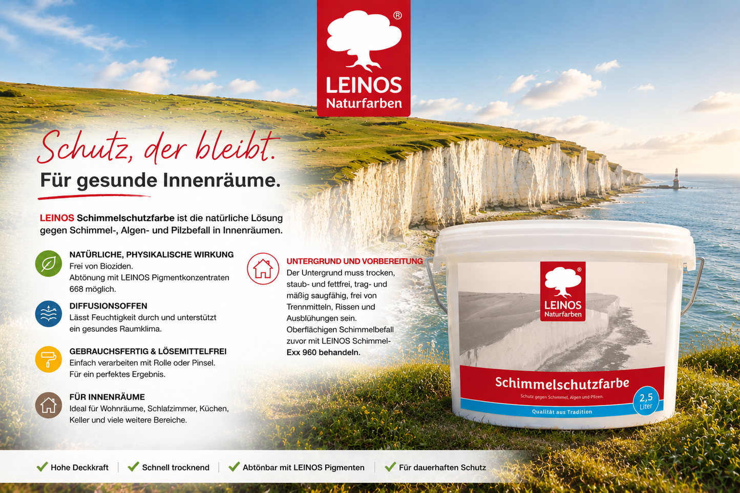 LEINOS 695 Schimmelschutzfarbe 2,5 l für Innenräume, gegen Schimmel, Algen und Pilze, biozidfrei, lösemittelfrei, diffusionsoffen, natürliche Wirkung, hohe Deckkraft, weiß, gebrauchsfertig Innenwände!