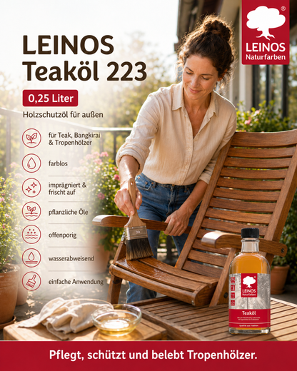 LEINOS Teaköl 223 – 0,75 Liter Holzschutzöl für außen, farblos, für Teak, Bangkirai & Tropenhölzer, imprägniert & frischt auf, pflanzliche Öle, offenporig, wasserabweisend, einfache Anwendung