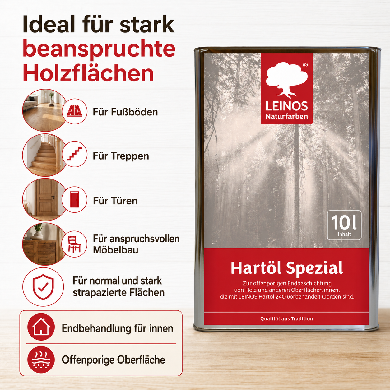 Leinos Spezial Hartöl 10 L | Farbloses Versiegelungsöl | Holzöl für effektive Endbeschichtung und langanhaltenden Schutz im Innenbereich