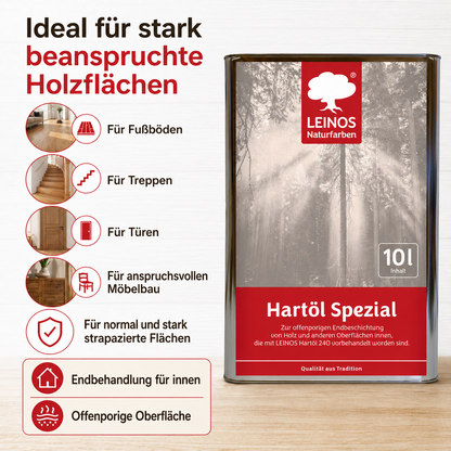 Leinos Spezial Hartöl 10 L | Farbloses Versiegelungsöl | Holzöl für effektive Endbeschichtung und langanhaltenden Schutz im Innenbereich