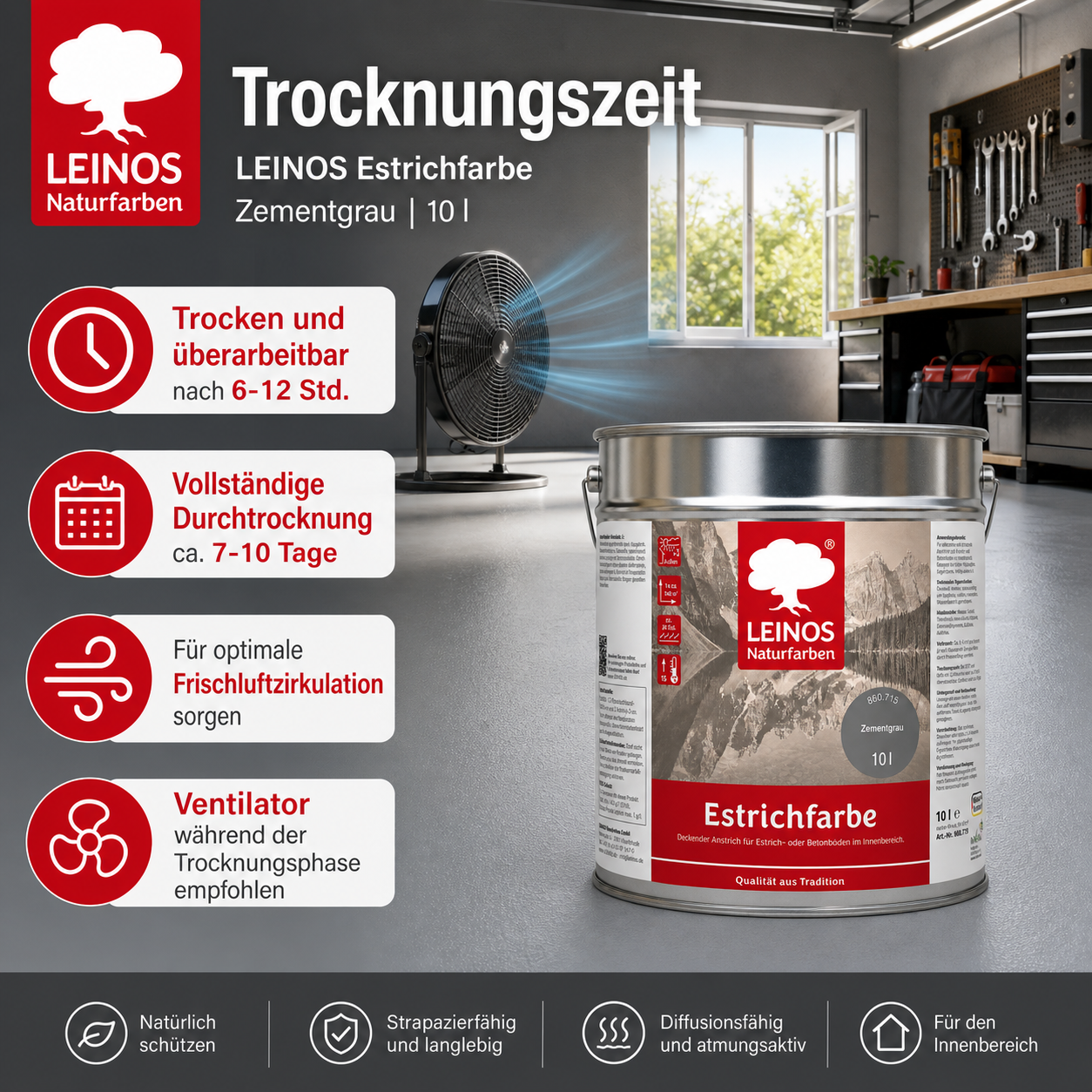 LEINOS 860 Estrichfarbe für Innen, 10l, Zementgrau