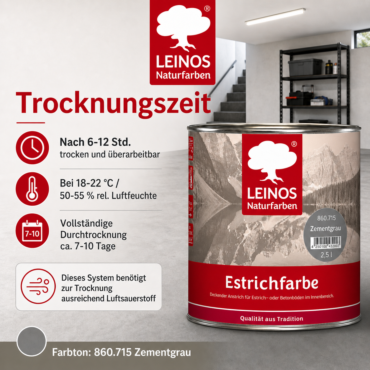 Estrichfarbe 860 | 2,5 Liter | für innen | Schutz & Farbgebung für offenporige Estrich- & Betonflächen | abriebfest, wasserabweisend, speichel- & schweißecht |  Zementgrau