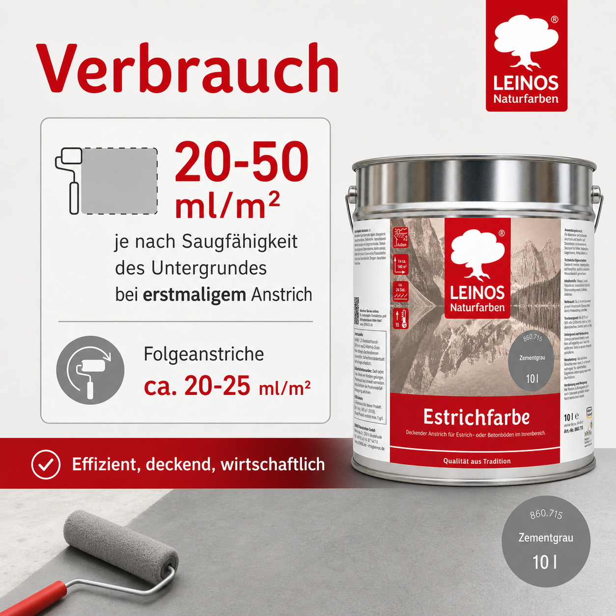 LEINOS 860 Estrichfarbe für Innen, 10l, Zementgrau