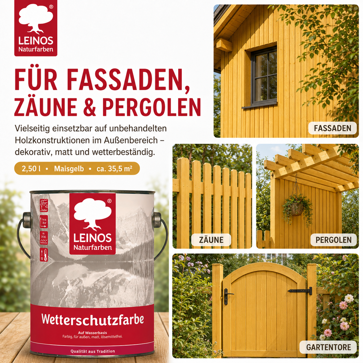 LEINOS Wetterschutzfarbe auf Wasserbasis 855 –2,50 l Maisgelb- Lösemittelfreier, matter Anstrich für unbehandelte Holzkonstruktionen im Außenbereich, ideal für sägeraues Holz