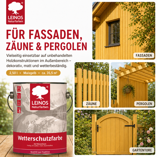LEINOS Wetterschutzfarbe auf Wasserbasis 855 –2,50 l Maisgelb- Lösemittelfreier, matter Anstrich für unbehandelte Holzkonstruktionen im Außenbereich, ideal für sägeraues Holz
