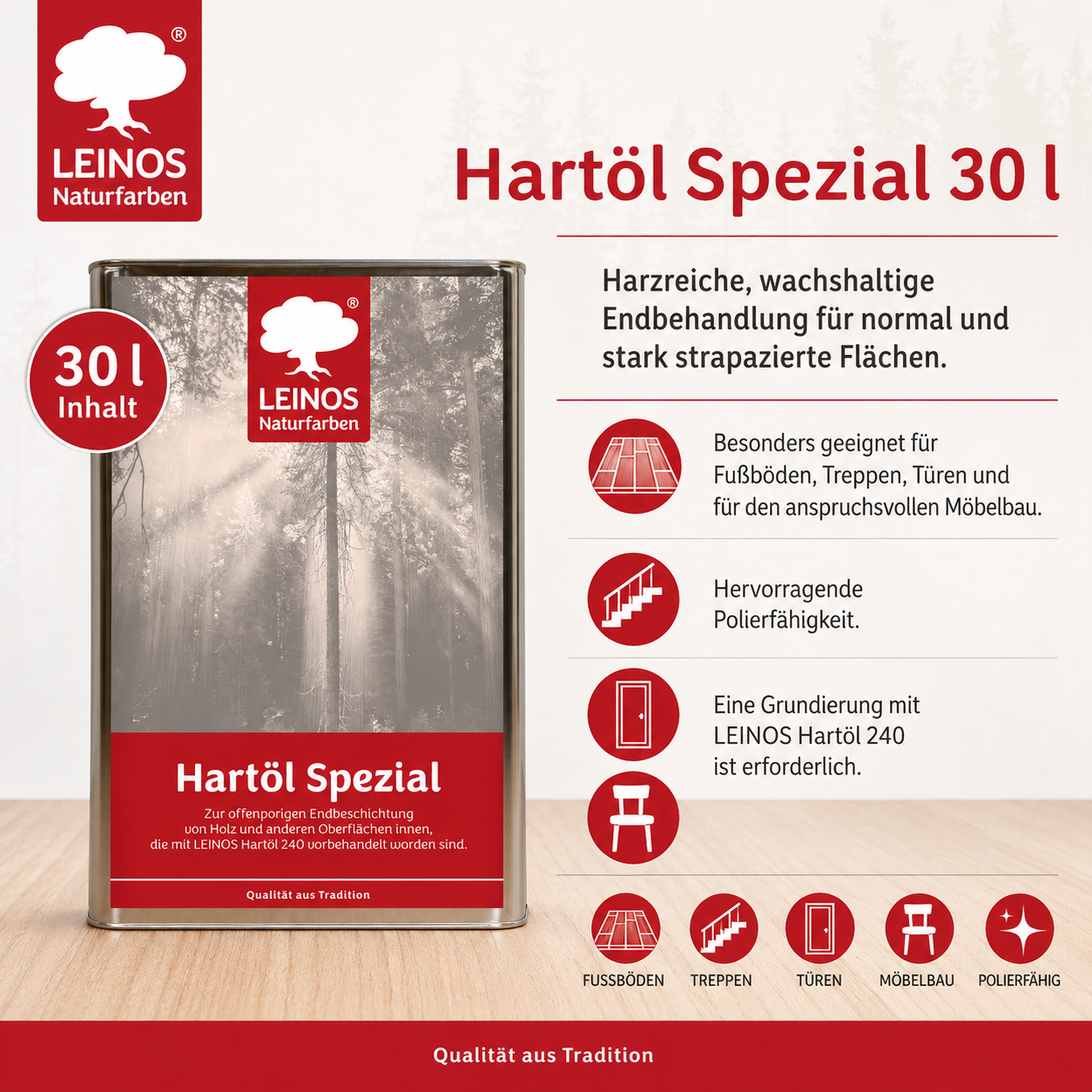 Leinos Spezial Hartöl 30 L | Farbloses Versiegelungsöl | Holzöl für effektive Endbeschichtung und langanhaltenden Schutz im Innenbereich