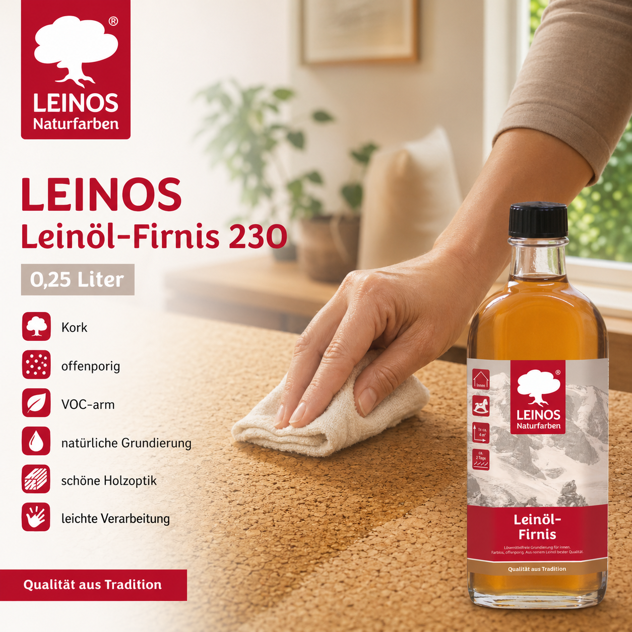 LEINOS Leinöl-Firnis 230 – 0,25 L für innen und außen – offenporige Grundierung für stark saugende Untergründe wie Hirnholzparkett, Kork, Terracotta – lösemittelfrei – ohne Filmschutz außen