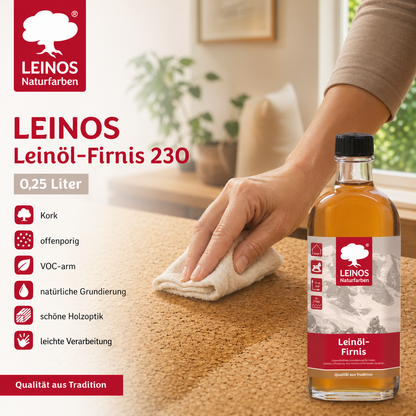 LEINOS Leinöl-Firnis 230 – 0,25 L für innen und außen – offenporige Grundierung für stark saugende Untergründe wie Hirnholzparkett, Kork, Terracotta – lösemittelfrei – ohne Filmschutz außen